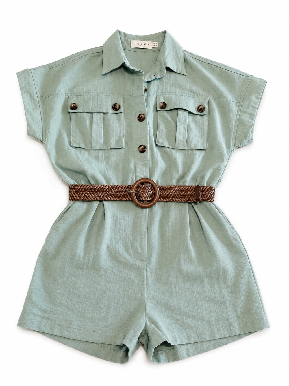 Club L London Sage Green Belted Utility Romper Size US 4